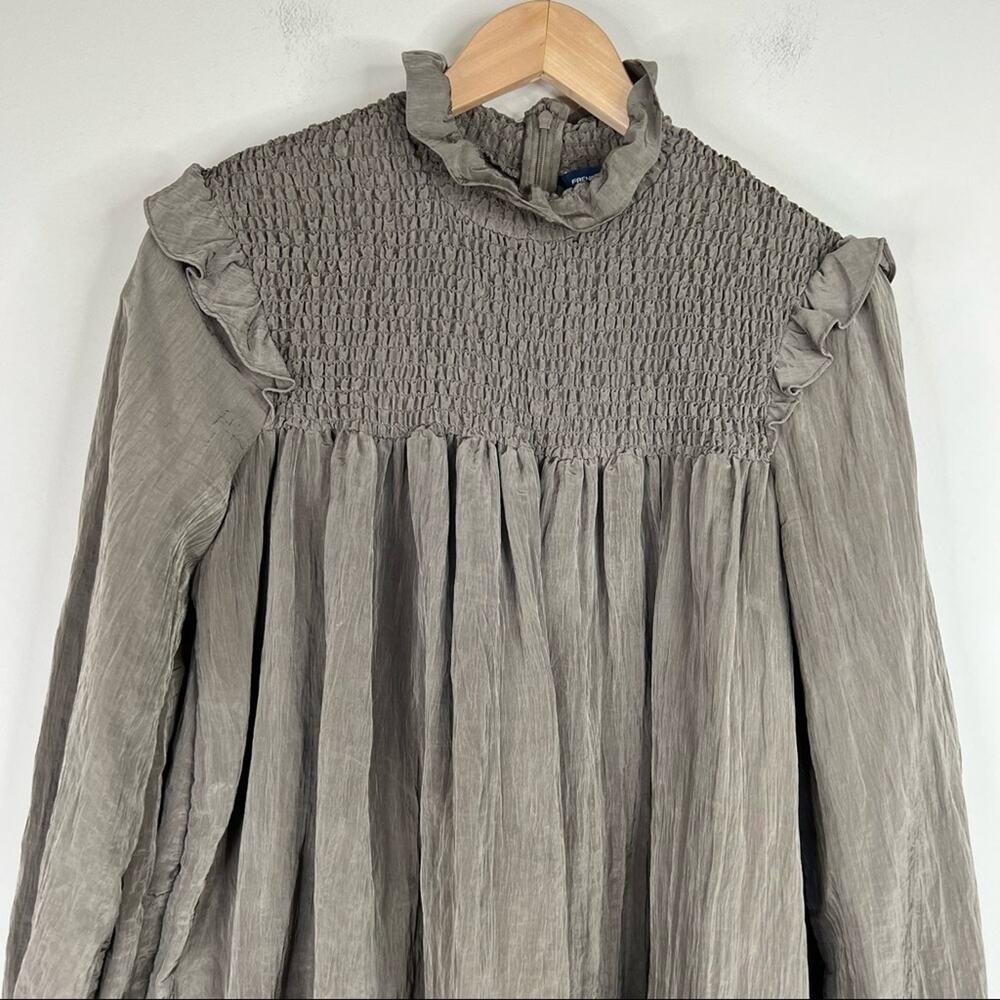 French Connection brown smocked high neck long blouson sleeve mini dress M - Picture 3 of 8
